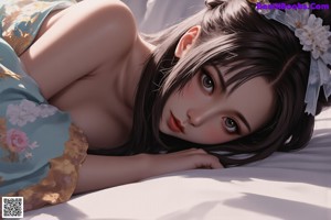 A woman with long purple hair and a red bikini, surrounded by roses.