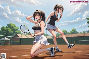 A woman holding a tennis racket on top of a tennis court.