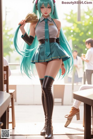 A woman with long green hair leaning against a window.