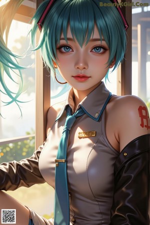 A woman with long green hair leaning against a window.
