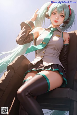 A woman with long green hair wearing a skirt and boots.