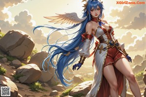 A woman in a red dress holding a white angel wing.