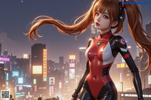 A woman in a red and black outfit standing in the middle of a city.