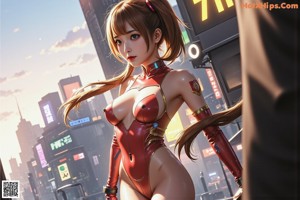 A woman in an orange bodysuit is standing in the middle of a city.