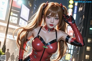 A woman in a red latex outfit standing in the middle of a city.