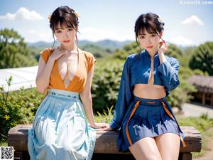 A woman in a white and orange dress sitting in a bathtub.