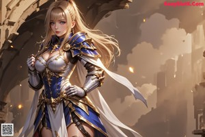 A woman in a white and blue outfit holding a sword.