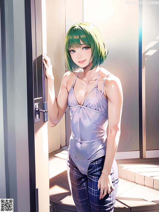 A woman with green hair standing in front of a door.