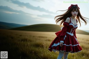 A woman in a red and white dress is posing for a picture.