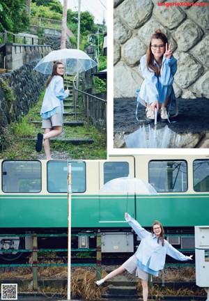 A woman in a white shirt and orange skirt posing for a magazine.