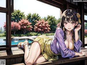 A woman in a school uniform is sitting on a bed.