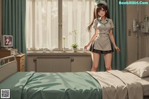 A woman in a nurse outfit sitting on a bed.