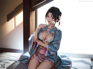 A woman in a black and purple kimono sitting on a bed.