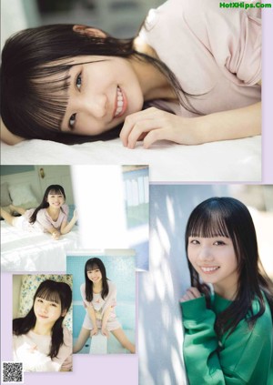 A collage of photos of a young woman sitting on a bed.