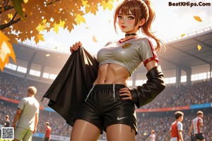 A woman in a white shirt and green shorts on a soccer field.