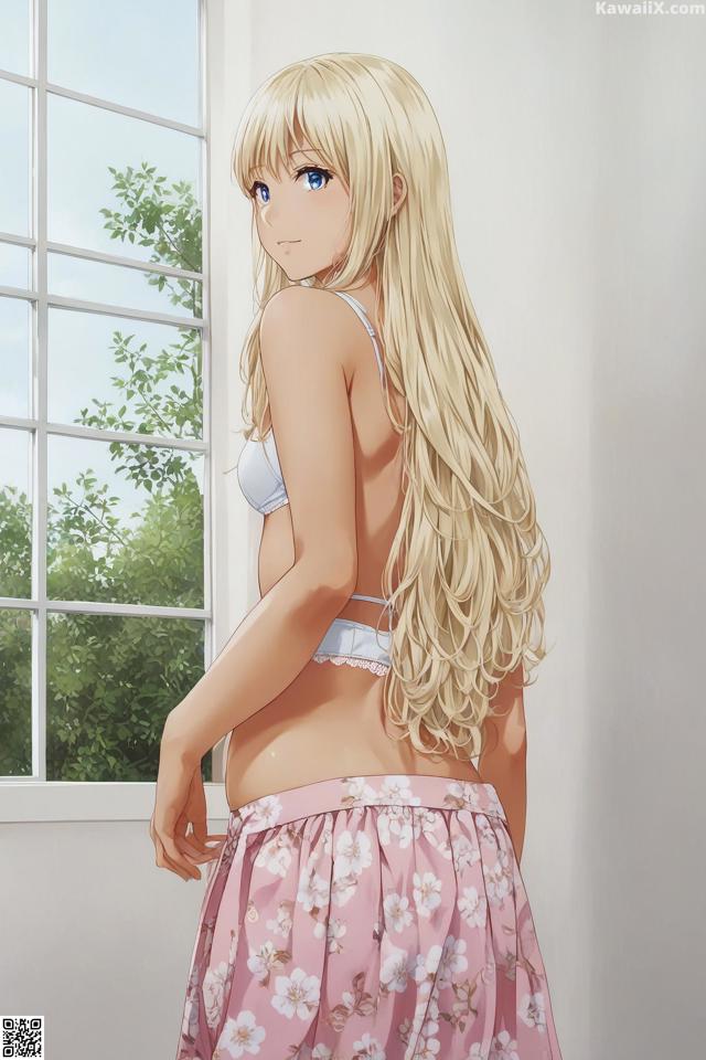 A girl with long blonde hair standing in front of a window.