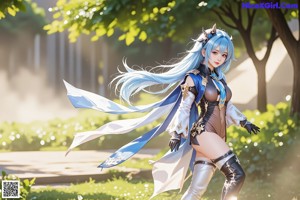 A woman with long blue hair standing in front of a table.
