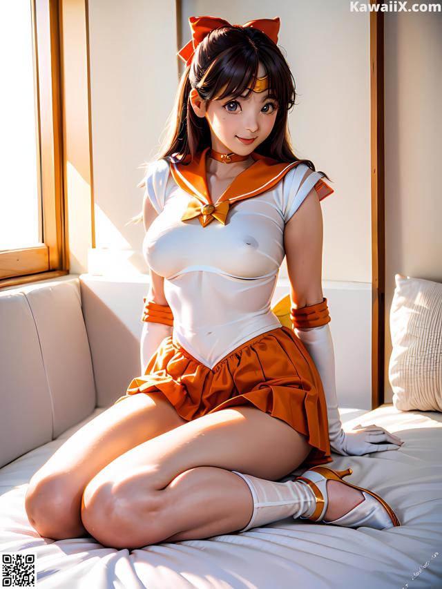 A woman in a sailor outfit sitting on a bed.