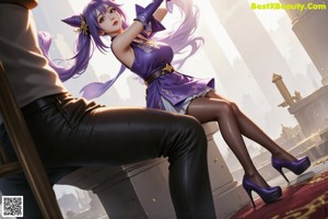 A woman in a purple dress sitting on some steps.