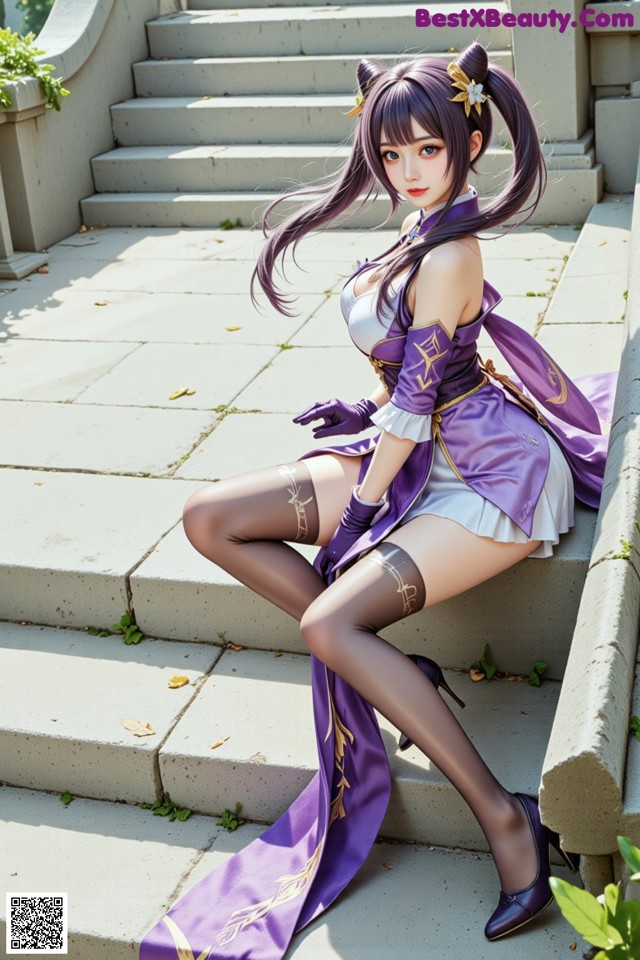 Hentai - Sovereign of Lightning in Exquisite Garb Set.2 20250126 Part 2 No.09b11b A woman in a purple dress sitting on some steps.