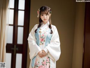A woman in a blue and orange kimono posing for the camera.