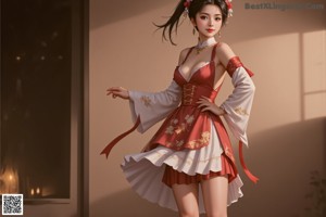 A woman in a white and red outfit holding a lantern.