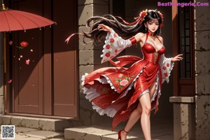 A woman in a red kimono posing for a picture.