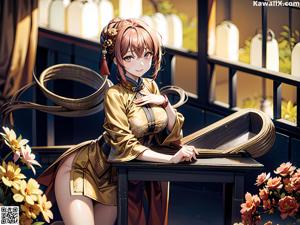 A woman in a green kimono sitting on a bus.