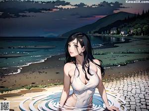 A woman in a corset is posing in a kitchen.