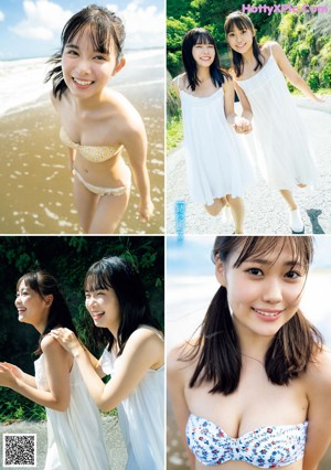 A couple of young women standing next to each other near a pool.