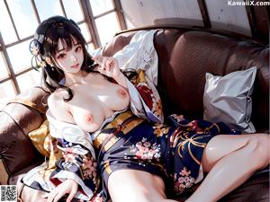 A woman in a kimono sitting on a window sill.