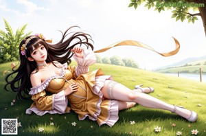 A woman in a pink dress sitting on the grass.