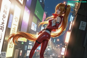 A woman in a red latex outfit standing on top of a building.