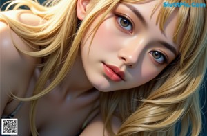 Anime girl with long green hair and big green eyes.