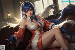 a nude anime girl with blue hair and a crown on her head
