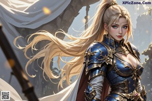 A woman in armor standing in front of a cloudy sky.