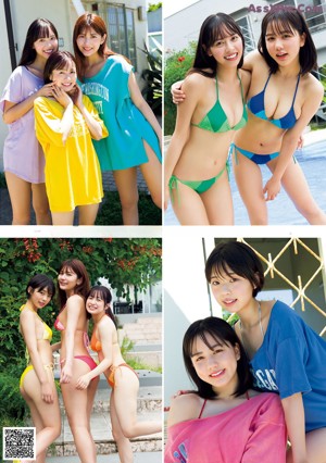 A group of women in bikinis standing on a set of stairs.