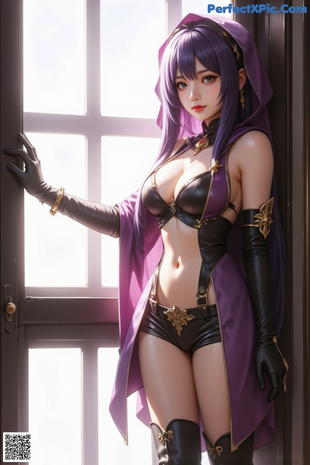 Hentai - The Velvet Nightfolds Embrace Her Regal Presence Set.2 20250124 Part 11 No.a5abe9 A woman in a purple hooded outfit leaning against a window.