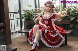 A woman in a red and white dress with long white hair.
