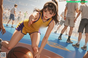 A girl in a basketball uniform and a boy in a green and white uniform.