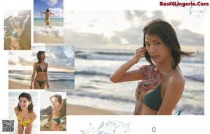 A collage of photos of a woman in a bikini on the beach.