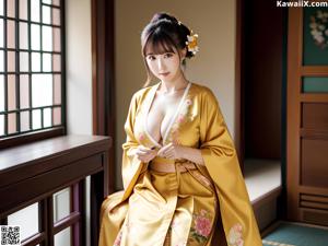 A woman in an orange kimono sitting on a bed.