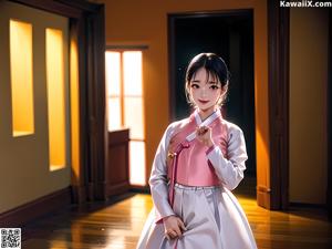 A woman in a korean dress standing in front of a window.