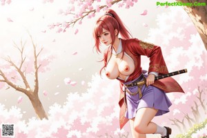 A woman in traditional attire stands outdoors with cherry blossoms and rocks in the background.